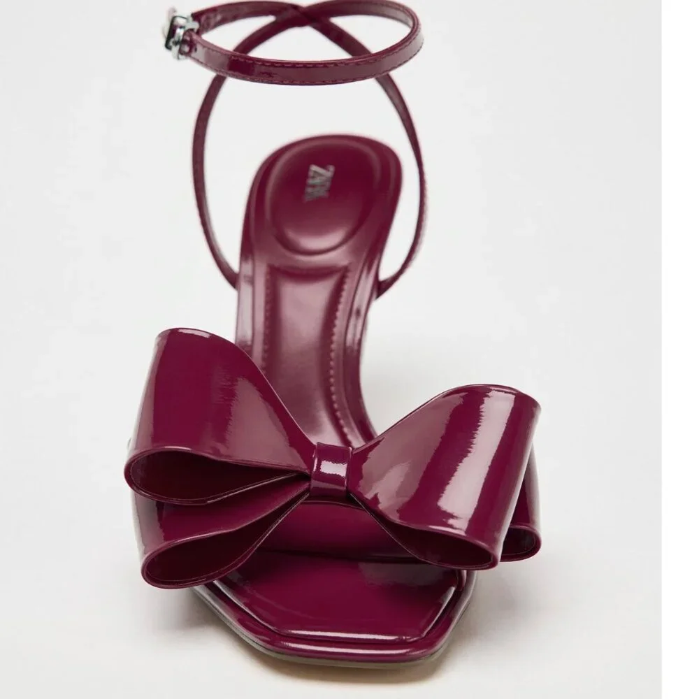 Zara Patent Leather Effect Bow Heel Sandal NWT Strawberry Red Size 37/ 6.5 - Picture 5 of 10